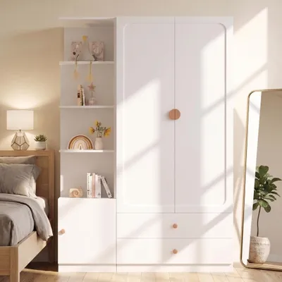 Produktbild von Flieks Kleiderschrank mit Kleiderstangen und Türen, Garderobe mit Massivholzgriffen, Hochschrank mit Schubladen, 135*45*200cm, Weiß, Holz+Stahl, KI-generiertes Bild