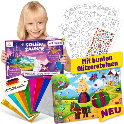Productafbeelding van Folieplezier, foliemagie, knutselset voor kinderen, 4 jaar. Foliekunst, glitters, knutselset voor meisjes, 4, 5, 5, 6, 7, 8, 9 jaar. Knutselset voor kinderen, cadeautje, kinderfeest