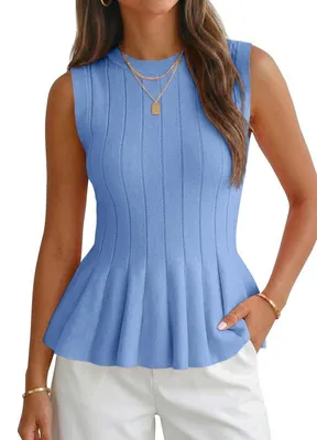 Produktbild von Damen-Tanktops mit Peplum-Schößchen,taillierte,gerippte Strickblusen mit Rundhalsausschnitt,Sommer-Strickweste