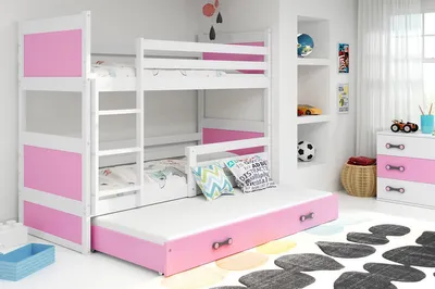 Image de Lit superposé enfant avec lit d'appoint et matelas 80x190 FERGUS - blanc / rose
