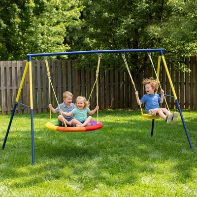 Produktbild von SUGIFT Kinderschaukel-Set mit Nestschaukel, Doppelschaukel, Gurtschaukel, Stahlgestell, Mehrfarbig | 265x160x178 cm | bis 150 kg | 3-8 Jahre