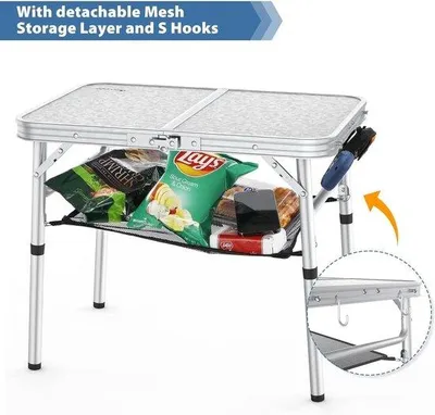 Immagine prodotto di Tavolino pieghevole regolabile, tavolino da campeggio portatile, 23,6 x 15,7 pollici, 2 altezze, con rete, per esterni, giardino, picnic, barbecue