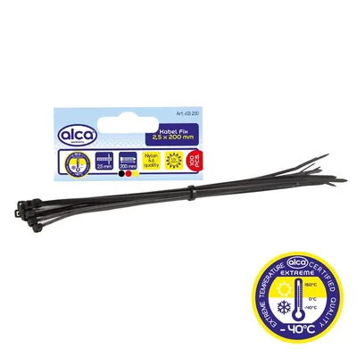 Obrázok produktu pre alca® káblové pásky 2,5*200 mm 100 ks čierne pevnosť v ťahu 8 kg odolné voči UV žiareniu na vnútorné a vonkajšie upevnenie káblov Nylon odolný voči teplote