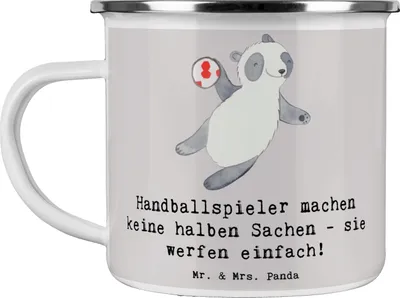 Produktbild von Mr. & Mrs. Panda Teetasse Handball Wurf - Grau Pastell - Geschenk, Leidenschaft, Teamgeist, Teamsport, Sportler, Humor, Emaille Tasse, Teebecher, Pott, Sport, Becher