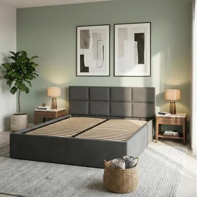 Produktbild von Polsterbett BORGO 180x200 mit Holzlattenrost, Doppelbett ohne Bettkasten, Bett mit gepolstertem Kopfteil Dunkelgrau Samt