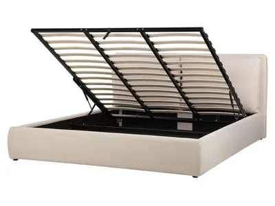 Produktbild von BELIANI Bett mit Bettkasten Hellbeige aus Stoff Gepolstert 180 x 200 cm Lattenrost Hochklappbar Hohes Kopfteil Stauraum Modern Doppelbett Schlafzimmer
