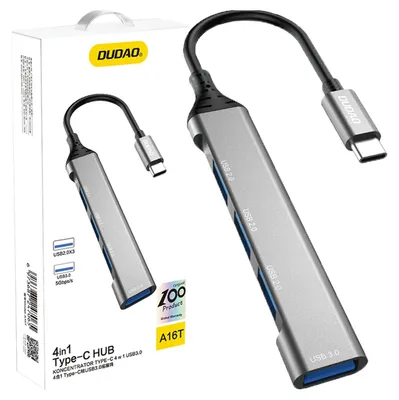 Produktbild von DUDAO A16T 4-in-4 USB-C Hub, Kabelgebunden, USB 3.2 Gen 1 (3.1 Gen 1) Type-C, Grau, Aluminium, 0,063 m