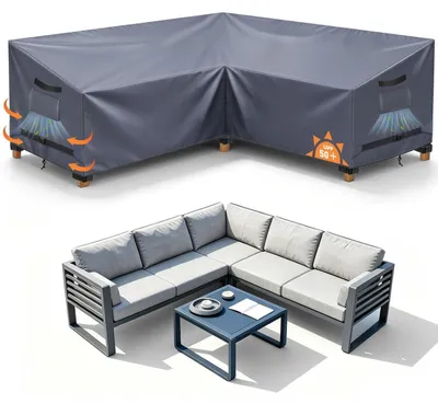 Immagine prodotto di Copertura per mobili da giardino, divani da esterno a forma di L, dimensioni 255x255x100x80/70 cm, colore grigio, impermeabile