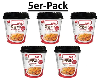Produktbild von 5er-Pack YOPOKKI Reiskuchen Tteokbokki Topokki Cup – Sweet & Spicy 140g