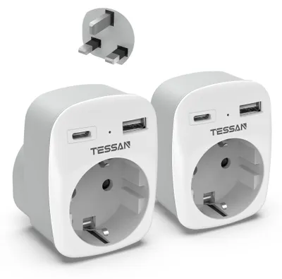 Produktbild von TESSAN 2er Pack Adapter England Deutschland Stecker, 3 in 1