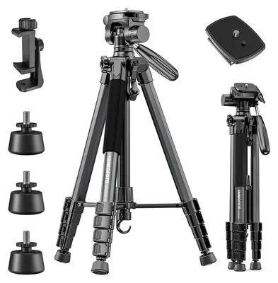 Zdjęcie produktu dla Statyw fotograficzny aluminiowy, 188 cm, przenośny, z przegubem kulowym 360° i uchwytem na telefon