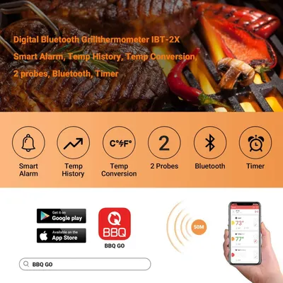 Immagine prodotto di Termometro per carne - Wireless con 2 sonde - Bluetooth fino a 50 metri - Display LCD - Per barbecue