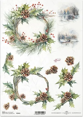 Immagine prodotto di ITD carta di riso decoupage tecnica artigianale tovagliolo di carta-R2441 ghirlande di pigne vista inverno