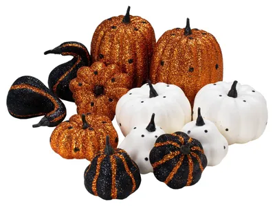 12er Set Glitzer-Pumpkins Schwarz-Gold-Weiß für Herbstdeko