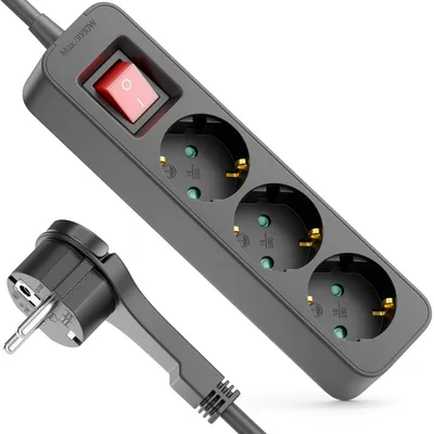 Produktbild von deleyCON 3-Fach Steckdosenleiste mit Flachstecker - 5m Kabel - Mit ON/OFF Schalter - Ideal hinter Möbel, Mehrfachsteckdose Stromkabel Verteiler Verlängerung Stromleiste 3680W 16A - Schwarz
