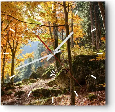 Produktbild von Wanduhr - Quadrat - Glasuhr - Herbst berg wald natur - 30x30cm - Schleichendes Uhrwerk - Lautlos - zum Aufhängen bereit - Dekoration Modern - Wanddekoration aus Glas - C3AC30x30-2713
