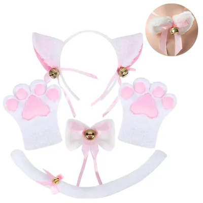Produktbild von Katzenkostüm Halloween Plüschkopfbedeckung Clip-Ohren Fliege Schwanz Handschuhe Set