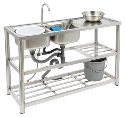 Imagen del producto de Fregadero de cocina doble, de 120*45*80 cm, con dimensiones de 33*33 cm para cada lavabo, capacidad de carga de 100 kg, instalación independiente y grifo con rotación de 360°