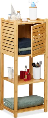 Produktbild von Relaxdays Badregal aus Bambus, 3 Ablagen & 1 Fach mit Tür, Bad & Küche, schmales Badmöbel, HBT: 87,5 x 35 x 29 cm, natur