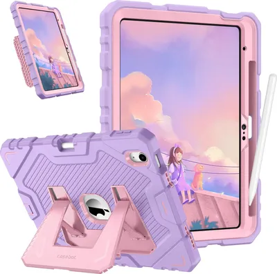 A collage of images showing a purple and pink iPad case with a built-in stand, displayed from different angles.