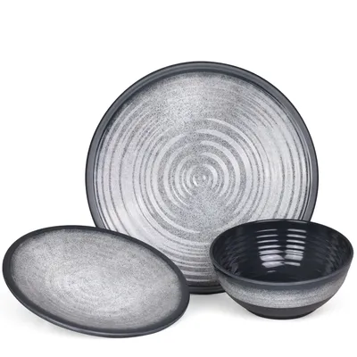 Produktbild von Melamin Camping Geschirr Set 4 Personen Stone Grey + 4 Tiamo Champgner Gläser Flûtes Tafelgeschirr Picknick BBQ Kochgeschirr