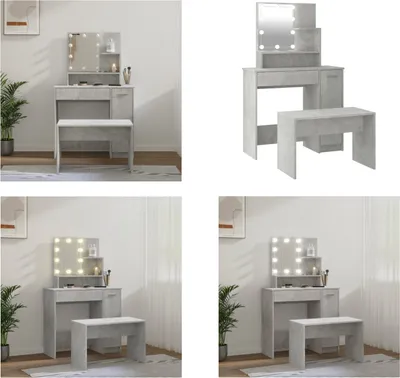Produktbild von vidaXL Schminktisch Set mit LED Betongrau Holzwerkstoff - Schminktisch-Set Mit LED - Schminktisch-Sets Mit LEDs - Schminktisch-Set - Schminktisch Mit Spiegel