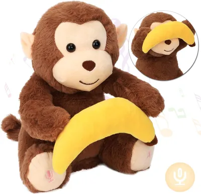 Produktbild von Plüschaffe mit Banane 35 cm, braun, interaktives Spielzeug mit Ton und Wiederholfunktion, für Kinder