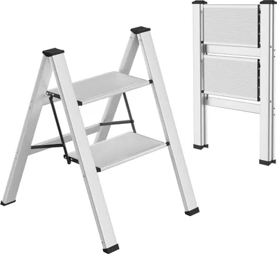 Produktbild von Alu Trittleiter 2-Stufen-Leiter Klappleiter Rostfeste rutschfeste Stehleiter Haushaltsleiter Multifunktionale Tritthocker Licht Platzsparend bis 150kg Belastbar fš¹r Kš¹chen Haushalt Au?en Bš¹ro