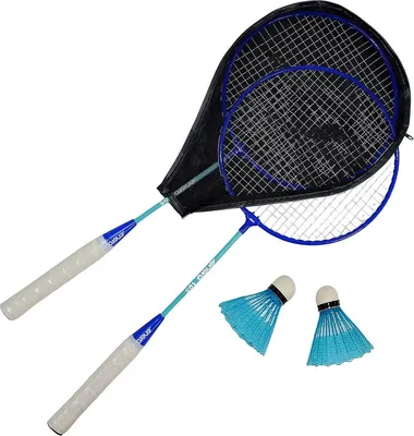 Produktbild von Badminton-Set mit zwei Schlägern und Federbällen in einer navyblauen Tasche