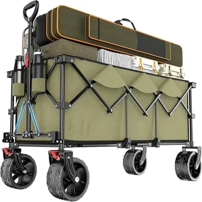 Zdjęcie produktu dla Wózek transportowy XXXL - Składany wózek ręczny - Pojemność 300 litrów - Udźwig 200 kg - Rozkładany - Koła przeznaczone do jazdy w terenie - Kolor khaki
