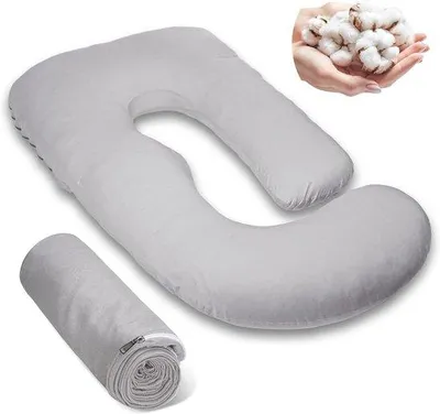 Produktbild von Körperkissen in J-Form, mit abnehmbarem und maschinenwaschbarem Bezug sowie einem Ersatzbezug