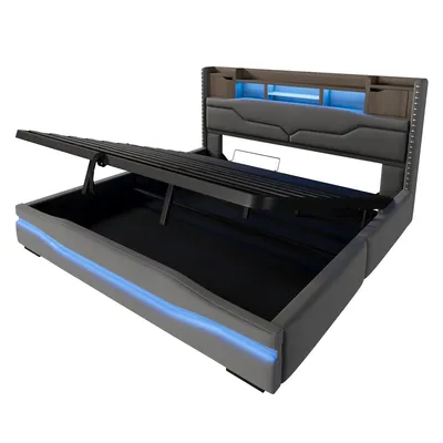 Produktbild von Polsterbett mit LED-Beleuchtung und Stauraum, 180x200 cm, USB/Type-C Anschlüsse, gepolsterter Kopfteil, Doppelbett, Stauraumbett, Leinen