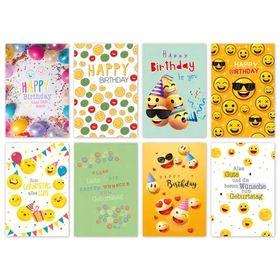 Produktbild von Geburtstagskarten 100er Set Geburtstag Glückwunschkarten Birthday Smiley Grußkarten mit Umschlag 11,5 x 17,5 cm