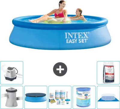 Produktbild von Intex runder aufblasbarer Easy Set-Schwimmpool – 244 x 61 cm – Blau – inklusive Pumpe Abdeckung - Wartungspaket - Filter - Bodenplane - Salzwassersystem - Poolsalz