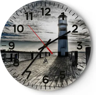 Produktbild von Wanduhr - Rund - Glasuhr - See Leuchtturm Holzbrücke Wasser - 30x30cm - Schleichendes Uhrwerk - Lautlos - zum Aufhängen bereit - Dekoration Modern - Wanddekoration aus Glas - C4AR30x30-0330
