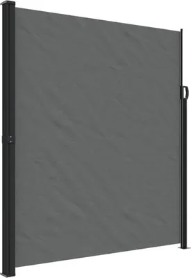 A dark gray retractable side awning is shown from a front-side angle.