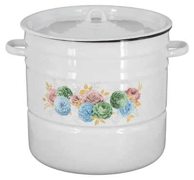 A white enamel pot with a floral design and a lid.