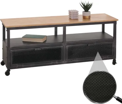 Produktbild von Lowboard HWC-N28, TV-Rack, Rollen 2 Fächer, 3D-Struktur Industrial Retro Metall Holz 55x130x36cm  schwarz, natur