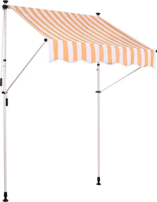 A striped awning supported by a metal frame, set against a white background.