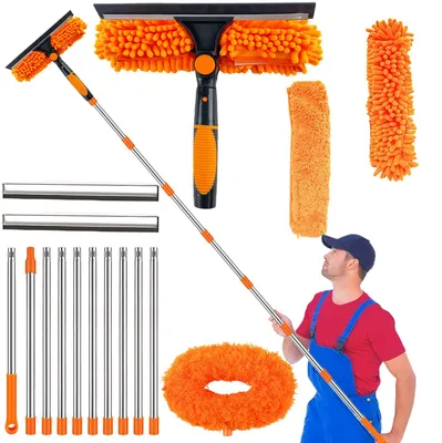 Teleskop-Staubwedel 4 m, 2-in-1 Reinigungsstab, Mikrofaserbürste, Orange