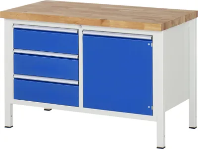 Produktbild von Werkbank mit Schrank - 3 Schubladen - Teilauszug - 180:3 - 840 x 1.250 x 700 mm (HxBxT) - Traglast 1.250 kg - Buche