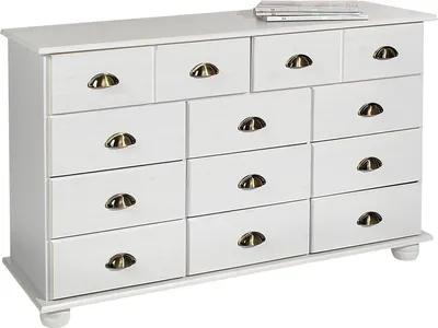 Produktbild von Schubladenschrank Sideboard COLMAR, Schubladenkommode Anrichte mit 11 Schubladen, Kiefer massiv, weiß lackiert