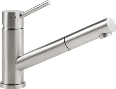 A stainless steel kitchen faucet with a pull-out spray head, shown against a white background.