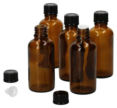 Obrázek produktu pro 5ks sada miniaturních lahviček Kapátko Jantarové sklo 50ml Lékárník Kapátko Láhev s UV ochranou Léky