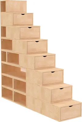 A light wood-colored modular shelving unit designed in a staircase shape, with multiple drawers and open compartments.