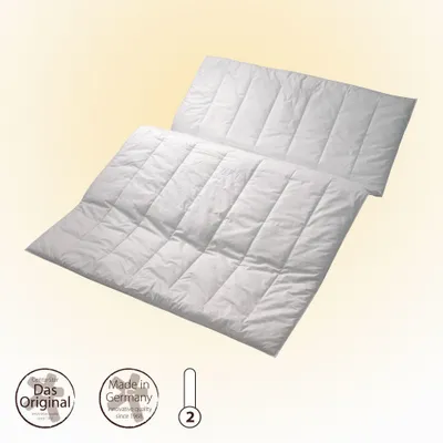 A white duvet or comforter folded and laid out on a light yellow background. There are three circular icons and a thermometer icon with the number 2 at the bottom left of the image.