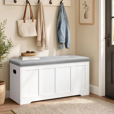 Obrázek produktu pro VASAGLE Truhla s úložným prostorem, lavice s víkem, vhodná do ložnice, chodby, obývacího pokoje, rozměry 41 x 101 x 49 cm, bílá a šedá barva