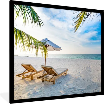 Produktbild von MuchoWow® Gerahmtes Poster Strandkorb - Sonnenschirm - Sonnenuntergang 40x40 cm - Poster mit Schwarzem Bilderrahmen Wandposter Rahmen Foto Bilder - Mit Rahmen - Wanddekoration Schlafzimmer