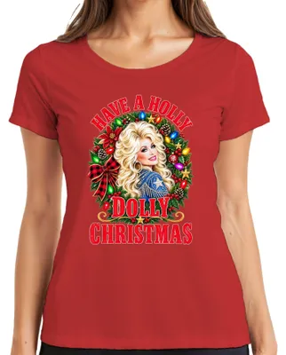 Obrázok produktu pre Tričko s motívom "Have A Holly Dolly Christmas" v štýle country hudby, s obrázkom Dolly Parton, červená farba, veľkosť M