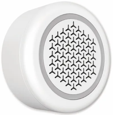A white, round smart alarm siren with a patterned speaker grille.